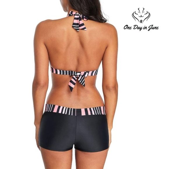 Athletic V Neck Push Up Bikini with Boyshort - Picture 2 of 3